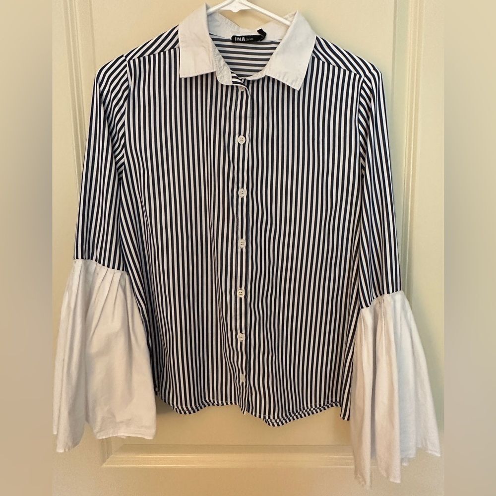 ina Button Down collared striped lapshade flare sleeves blouse womens Sz Small